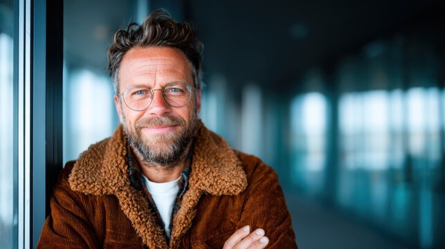 A confident, bearded man poses in a stylish, cozy brown jacket, offering warmth and approachability as he leans against a glass wall with an inviting smile.