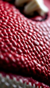 Close-up view of an American football's stitching pattern, gridiron, brown