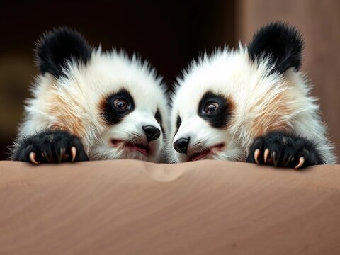 Cute panda paws peeking over a wall with a curious panda face icon, animal, friendly