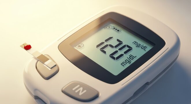Close-up of a digital glucose meter showing a reading of 128 mg/dL with a blood drop on the test strip.