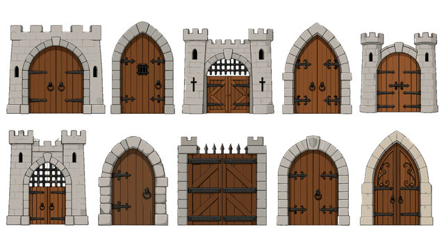 Set of medieval castle gates and wooden fortress doors