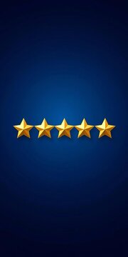 Five-star rating icon with a gold color, on a dark blue background, symbol, ||gold