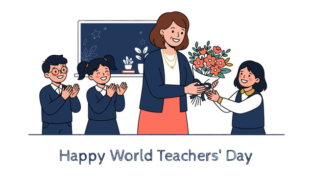 World Teachers' Day Celebration: A heartwarming scene unfolds as students present a bouquet of flowers to their teacher, with others clapping in appreciation.