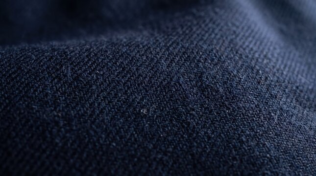 Close up view of dark navy fabric surface showing woven textile fibers and stitch texture, macro detail of clothing material with subtle minimal background