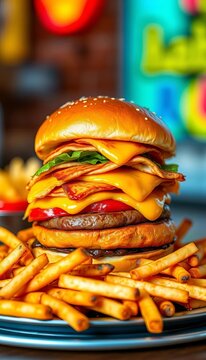 Golden brown burger sandwich stacked with pizza slices and hot dog halves on a bed of crispy fries, legends, appetite
