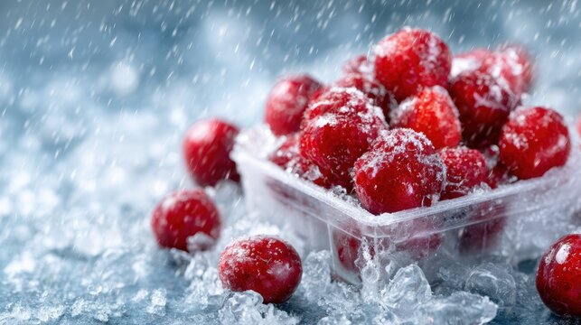 A visually stunning image featuring vibrant raspberries dusted with frost resting atop crushed ice, creating a refreshing and appetizing scene perfect for summer delights.