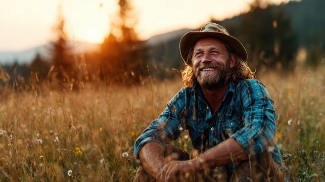 A cheerful, bearded man in a checkered shirt smiles serenely, surrounded by a golden-lit meadow during sunset, capturing the essence of happiness and connection with nature.
