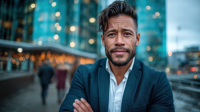 A confident man in a sharp suit stands with arms crossed, displaying determination amidst a modern urban backdrop, exemplifying leadership and professionalism in today's corporate world.