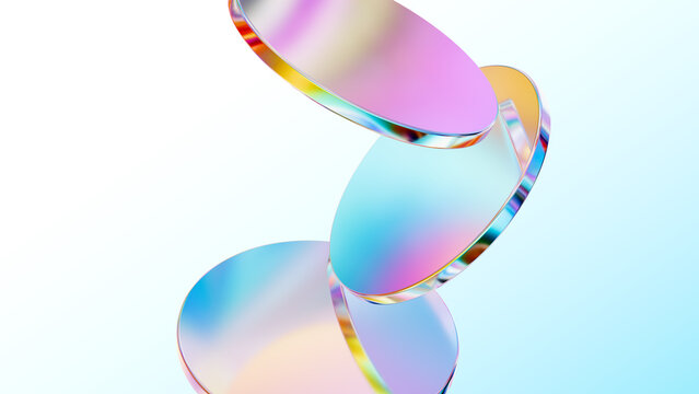 3D render of abstract floating translucent glass discs with iridescent colorful gradient reflections on a bright background