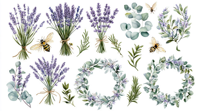 Watercolor botanical set: fragrant lavender, eucalyptus, bees, and wreaths. Perfect for spring, summer, wedding invitations, natural product packaging, aromatherapy, and garden decor. Emphasizes