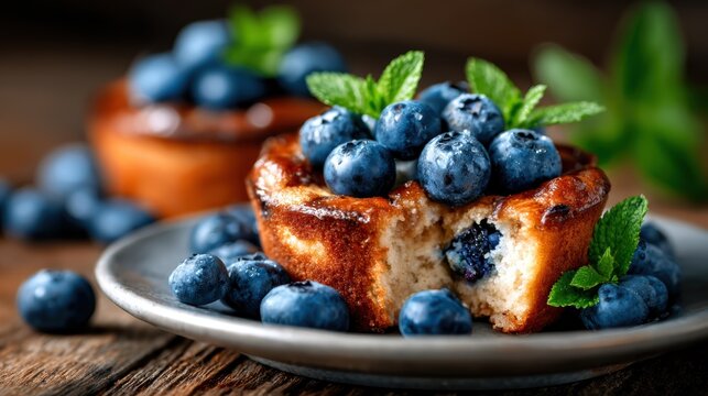 A freshly baked blueberry muffin topped with blueberries and mint leaves, showcasing a scrumptious treat perfect for breakfast or any time snack, appealing to all ages.