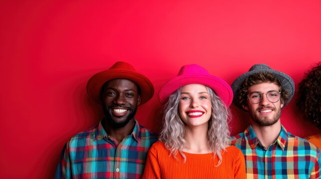 A group of three cheerful friends wearing colorful hats, set against a vivid red backdrop, radiating joy, friendship, and celebration in a bright and fun atmosphere.