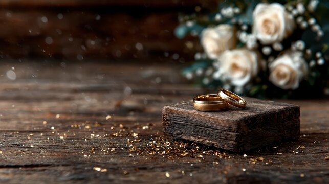 Two exquisite wedding rings resting on a wooden surface adorned with dried flowers, representing love, commitment, and the beauty of partnership in a rustic setting.
