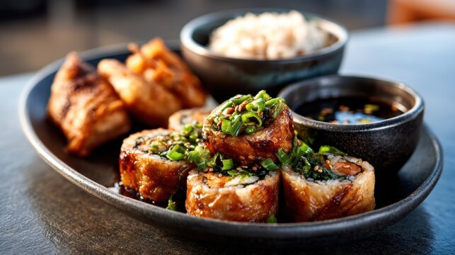 A vibrant plate featuring sushi rolls drizzled with sauce, garnished with green onions, alongside crispy dumplings and steamed rice, perfect for sushi lovers and culinary delights.