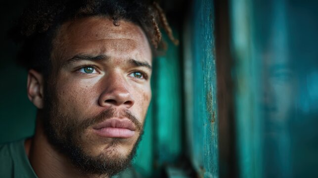 A pensive young man with striking blue eyes is lost in thought as he looks out a window, capturing a moment of introspection and contemplation in a textured environment.