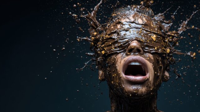 A dramatic and creative photograph of a person blinded by chocolate splashes, illustrating the raw emotion of freedom, adventure, and the artistic expression of capturing chaos.
