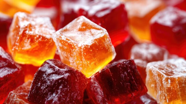 A vibrant close-up of shiny assorted fruit jelly candies, showcasing their rich colors and textures that evoke a sense of joy, sweetness, and delightful indulgence.