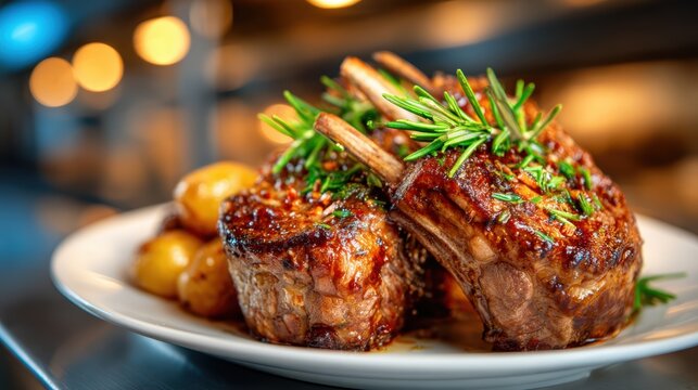 A beautifully plated dish of lamb chops garnished with fresh herbs and served with roasted potatoes, showcasing exquisite culinary craftsmanship and flavor.