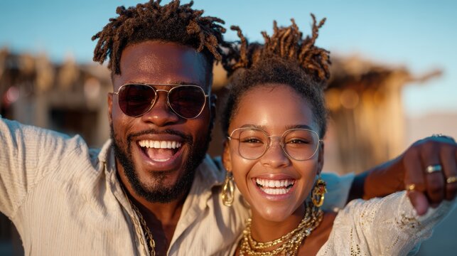 A vibrant couple beams with joy, showcasing their infectious smiles and carefree spirit against a bright and lively backdrop, embodying pure happiness and togetherness.