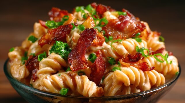 A tantalizing dish of creamy pasta tossed with crispy bacon bits and fresh broccoli, offering a delightful combination of flavors and textures for comfort food lovers.