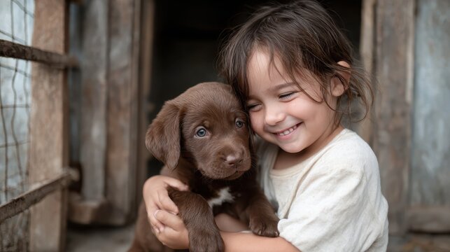 A happy girl holds her puppy in her arms, radiating joy and innocence. The soft focus captures the warmth of their bond in a rustic setting filled with wooden textures.