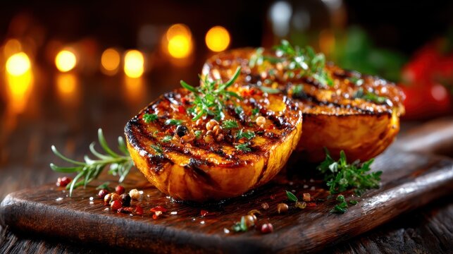 Deliciously grilled and caramelized peach halves served on a rustic wooden board, garnished with fresh herbs, showcasing the beauty of food presentation and culinary art.