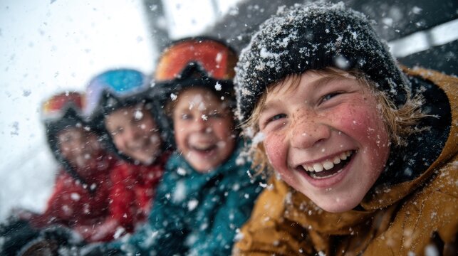 A joyful group of children laughing and enjoying the snowfall while sitting on a ski lift, capturing the pure essence of childhood happiness and winter excitement.