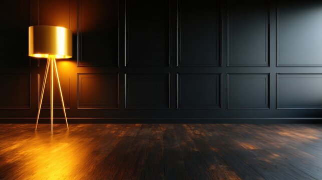 A chic modern lamp emits a warm glow in an elegantly designed black room, highlighting the minimalist decor and creating an inviting atmosphere with its soft, ambient light.