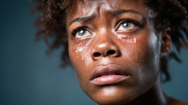 A powerful close-up portrait of a young woman with tears in her eyes, conveying deep emotion and vulnerability, drawing the viewer into a narrative of human experience and connection.