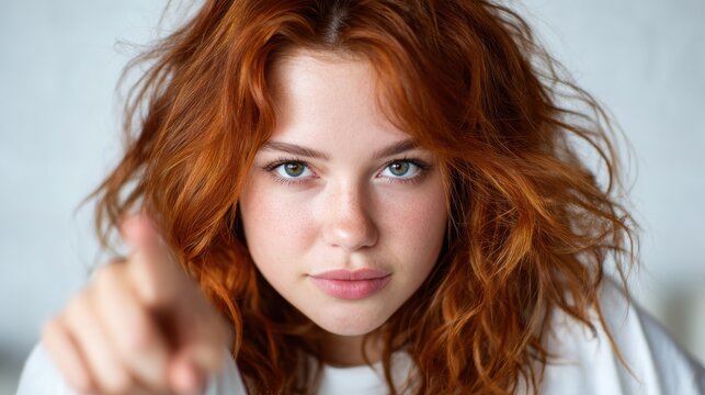 A striking close-up of a young woman with vibrant red hair and piercing blue eyes, conveying confidence and strength through her direct gaze and expressive features.