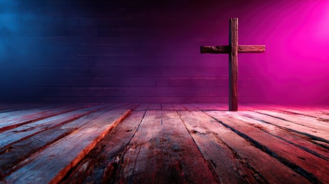 A beautifully lit wooden cross standing alone on a rustic wooden floor, surrounded by vibrant lighting that conveys depth and spirituality, inviting contemplation and reverence.