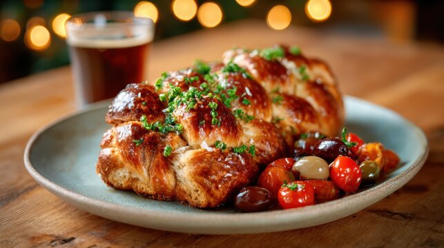 A stunning plate showcasing fresh artisan bread topped with olives and herbs, paired with a craft beer, creating an inviting scene perfect for food lovers and gatherings.