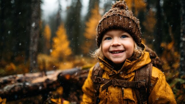 A joyful child wearing a cozy brown jacket and hat smiles brightly while surrounded by beautiful autumn foliage, capturing the essence of childhood joy and nature&rsquo;s beauty.