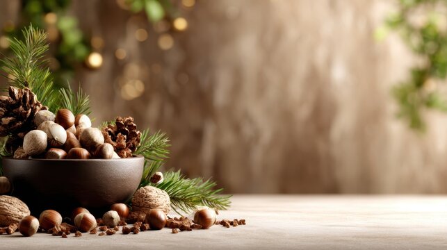 An aesthetically pleasing bowl filled with various nuts and decorative pinecones sits on a rustic surface, evoking cozy holiday feelings and a connection with nature.