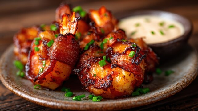This dish features delectable bacon-wrapped shrimp, perfectly cooked to a golden brown, served with a rich creamy dipping sauce for an exquisite flavor experience.