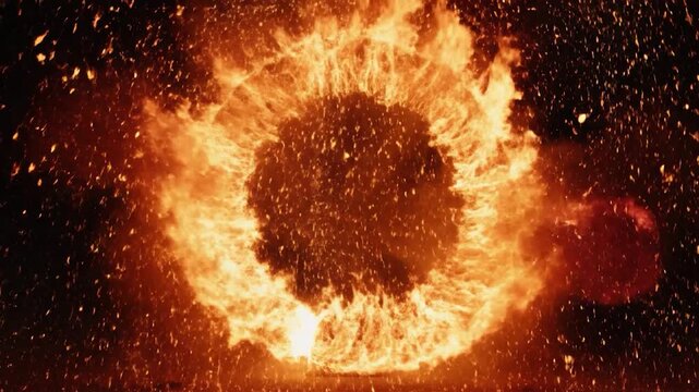A large ring of bright orange fire burns in the dark