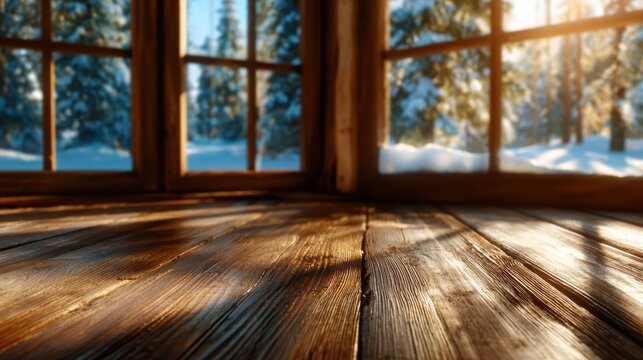 A beautiful view from a cozy cabin, showcasing warm wooden flooring illuminated by natural sunlight, with snowy trees visible through large windows in the background.