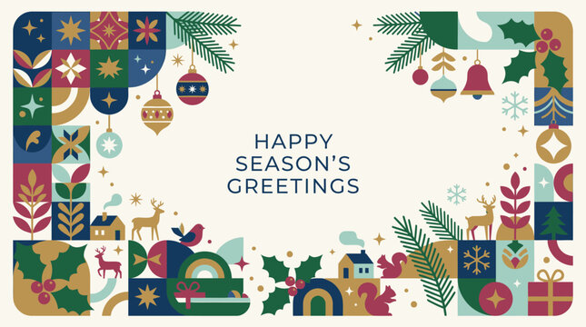 Happy seasons greetings winter frame with folk art style
