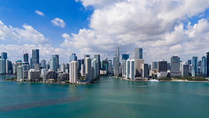 Obraz premium Miami skyline. Miami waterfront panorama. Miami business district sky view. Panoramic Miami coastline near Brickell.