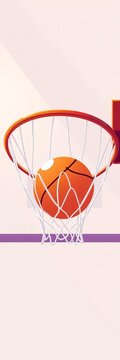 Simple illustration of a basketball hoop with a bouncing ball, white background, lineart