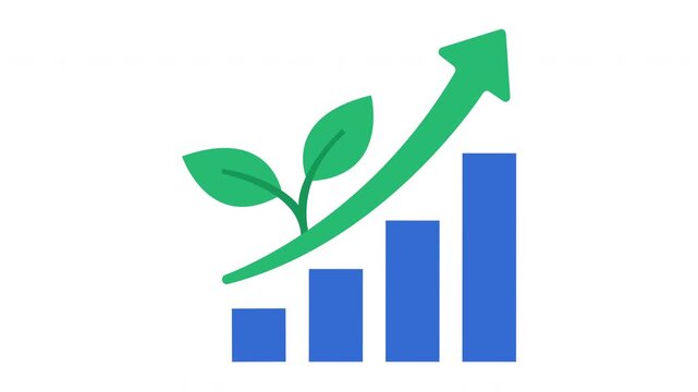 Flat vector animation of business growth bar chart with rising green arrow and plant sprout, investment and financial success concept.