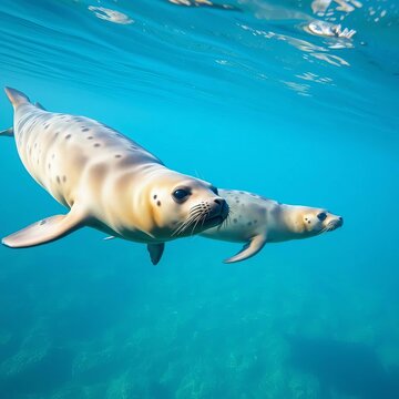 Spotted seals glide effortlessly through the calm, crystal-clear waters of their ocean home, spotted coat, tranquility