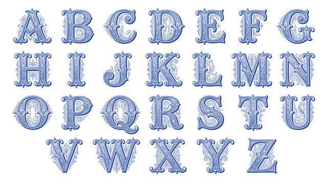 Blue vintage ornate alphabet letters typography set from A to Z.