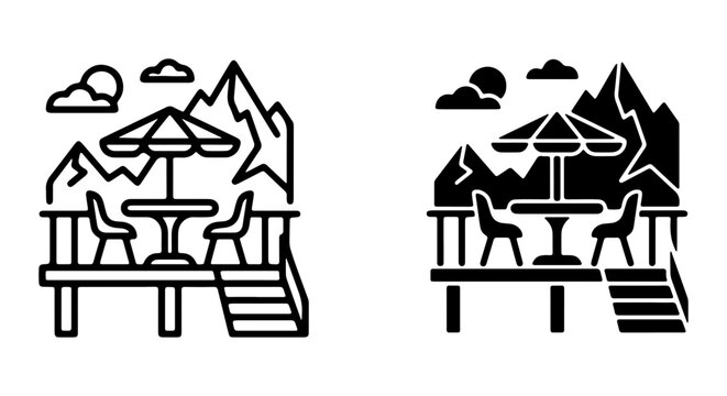 Mountain View Deck Icons: Outdoor Seating, Umbrella, Scenic Landscape, Nature Icons