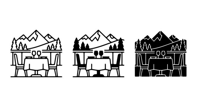 Mountain View Dining Icons, Scenic Outdoor Restaurant Table Settings, Nature Landscape Vector Graphics
