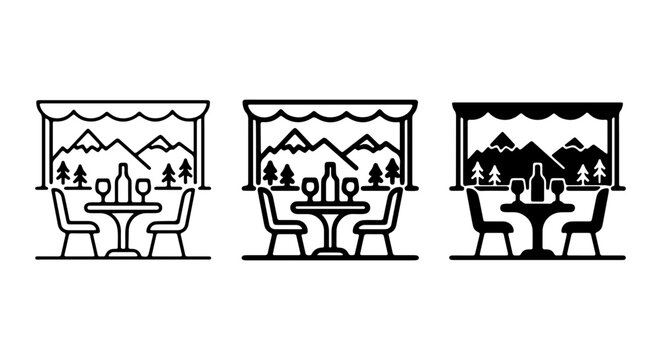 Outdoor Dining Icons, Restaurant Scene Set, Mountain View Table, Vector Graphics