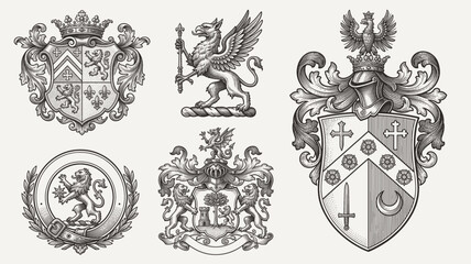 Heraldic coat of arms collection with griffin, lion, eagle, and shield crests