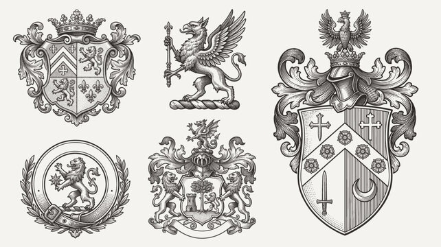 Heraldic coat of arms collection with griffin, lion, eagle, and shield crests