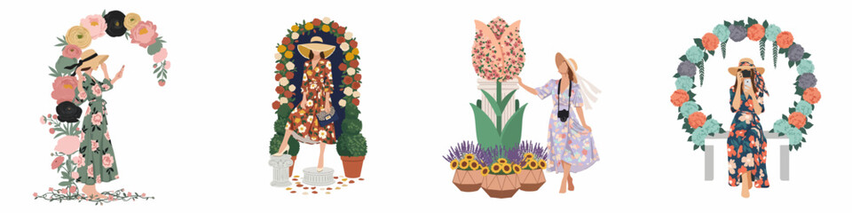 Fototapeta premium Collection of four flat illustrations depicting fashionable women in floral dresses posing among beautiful botanical arrangements, arches, and wreaths in a lush garden.
