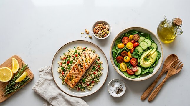 Healthy lunch with grilled salmon fillet on a bed of grains and fresh vegetable salad with avocado, cherry tomatoes, and cucumbers on a white marble table